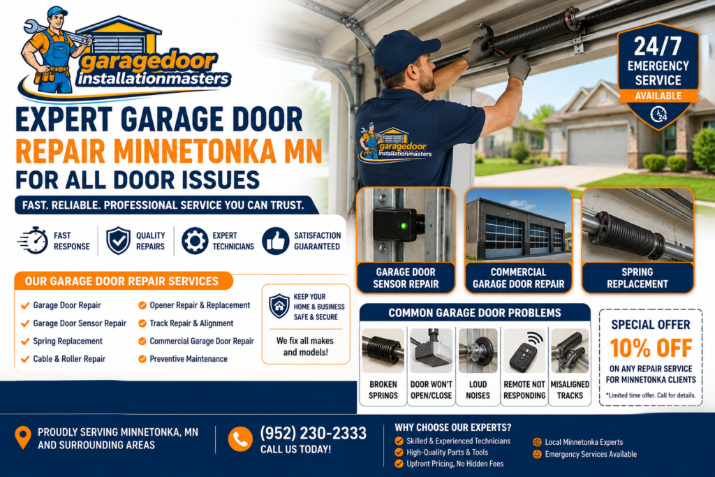 Garage door repair Minnetonka MN technician repairing residential garage door system, springs, sensors, and opener components.