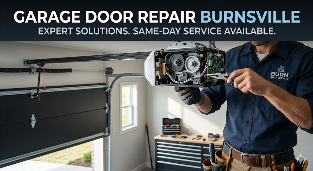A professional technician in a blue uniform and tool belt working on an open garage door opener mechanism inside a well-lit residential garage. A dark banner at the top reads 'GARAGE DOOR REPAIR BURNSVILLE: EXPERT SOLUTIONS. SAME-DAY SERVICE AVAILABLE.