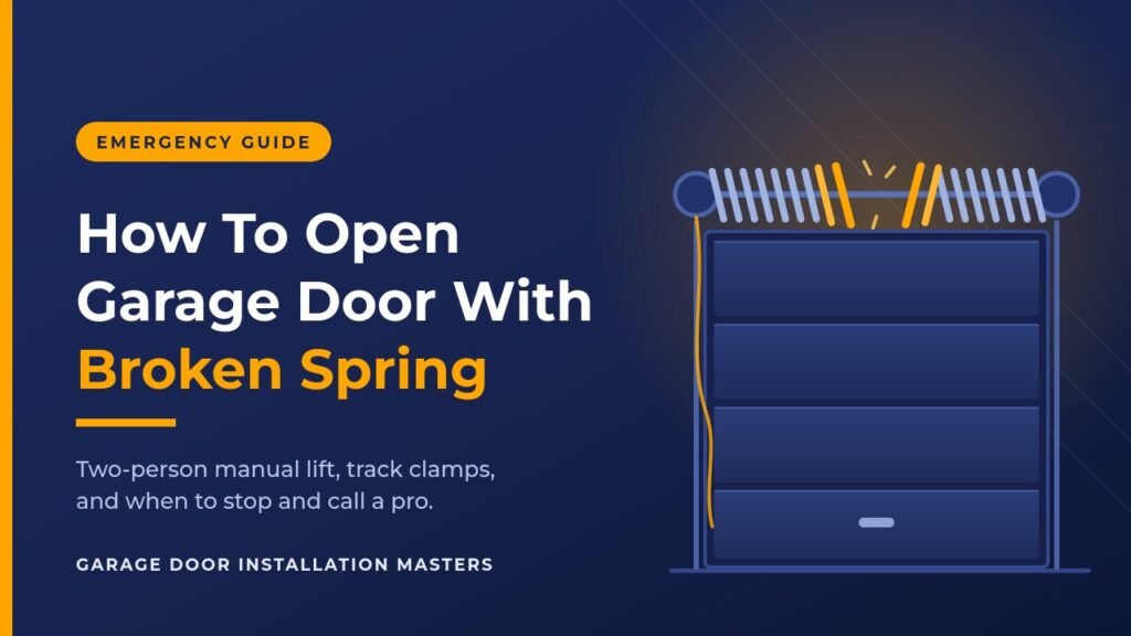 How to open garage door with broken spring: snapped torsion spring above a closed residential garage door